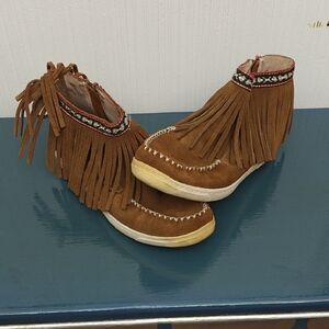 Tan Moccasin Boots with Fringe and Embroidery